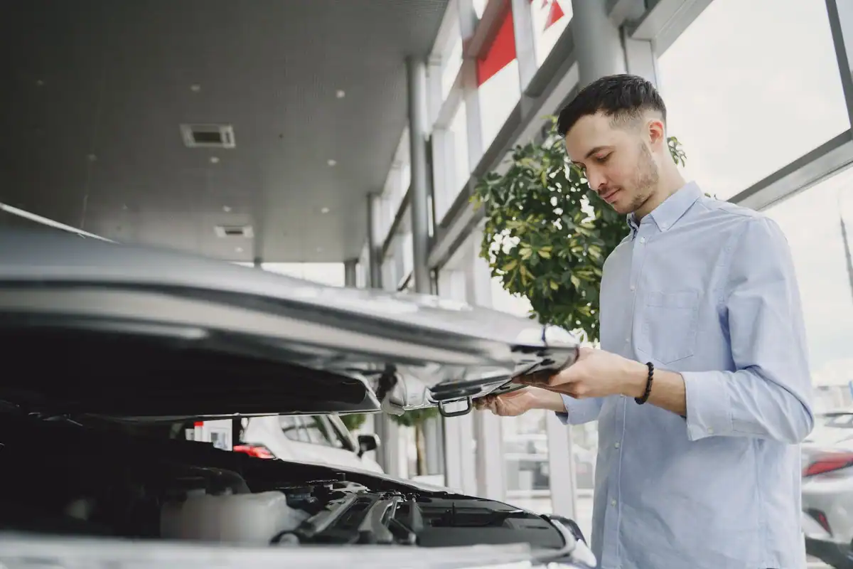 Tânăr care verifică motorul unei mașini într-un showroom auto modern